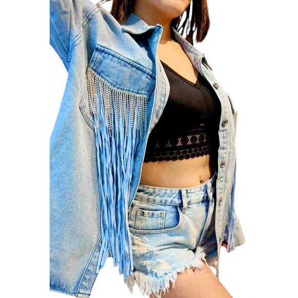 NEW JADYK tyra double fringe denim shacket in lightwash denim - Picture 4 of 4